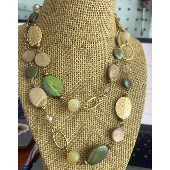 Jules B. Multicolor Long Beaded Necklace Gold Tone Glass Acrylic Abalone Adj 37" - Picture 1 of 5